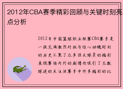 2012年CBA赛季精彩回顾与关键时刻亮点分析